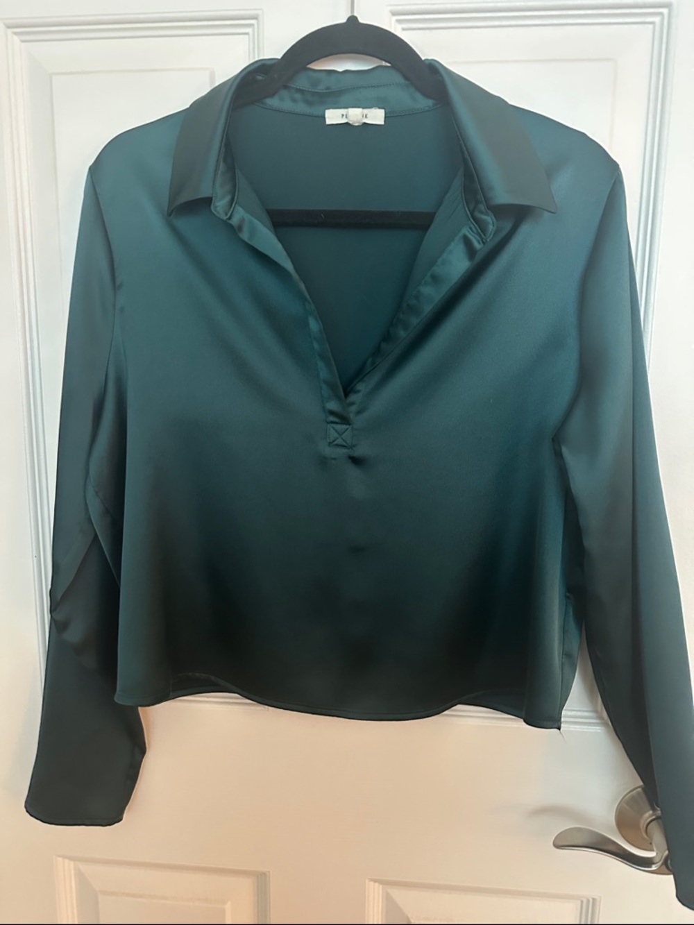 Pleione Teal Satin V-Neck Long Sleeve Blouse